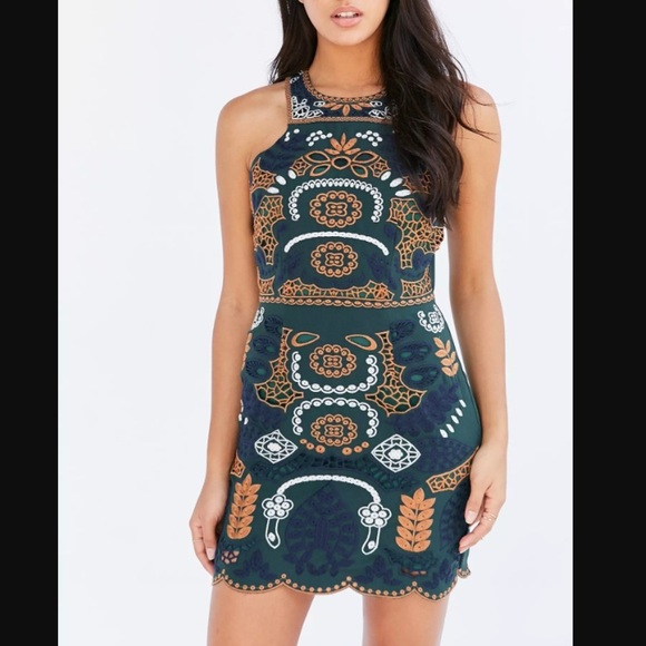 Revolve JOA Lacey Hunter Green Embroidered Sheath Dress - Picture 1 of 7